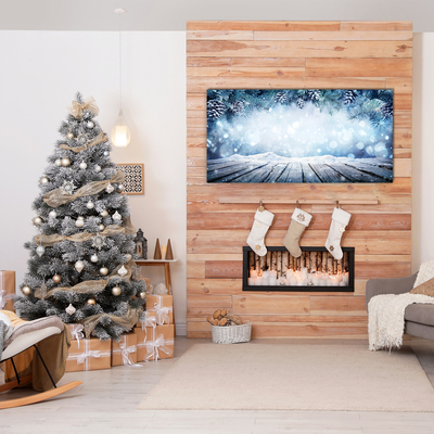 Pintura em vidro Árvore de Natal com neve no inverno