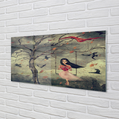 Painel de vidro Árvore, pássaros, menina, nuvens, pedras