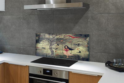 Painel de vidro Árvore, pássaros, menina, nuvens, pedras