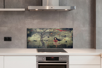 Painel de vidro Árvore, pássaros, menina, nuvens, pedras