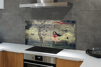 Painel de vidro Árvore, pássaros, menina, nuvens, pedras
