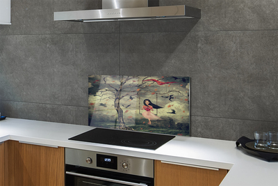 Painel de vidro Árvore, pássaros, menina, nuvens, pedras