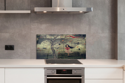 Painel de vidro Árvore, pássaros, menina, nuvens, pedras