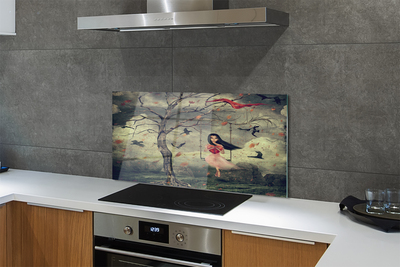 Painel de vidro Árvore, pássaros, menina, nuvens, pedras