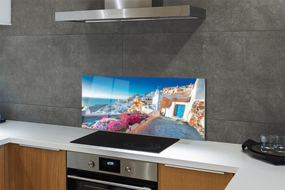 Painel de vidro Edifícios da Grécia Flores do Mar