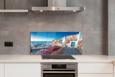 Painel de vidro Edifícios da Grécia Flores do Mar