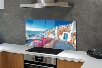 Painel de vidro Edifícios da Grécia Flores do Mar