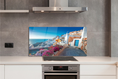 Painel de vidro Edifícios da Grécia Flores do Mar