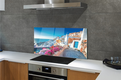 Painel de vidro Edifícios da Grécia Flores do Mar