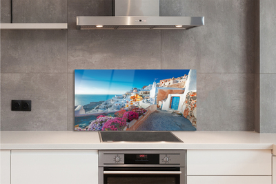 Painel de vidro Edifícios da Grécia Flores do Mar