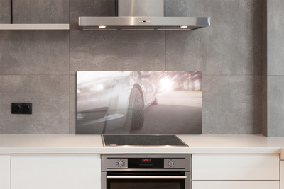 Painel de vidro Árvores de rua de carros prateados