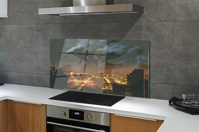 Painel de vidro Cidade à noite, monstro de fumaça