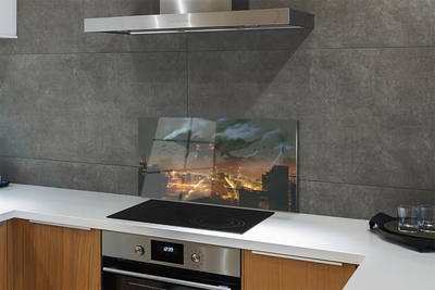 Painel de vidro Cidade à noite, monstro de fumaça