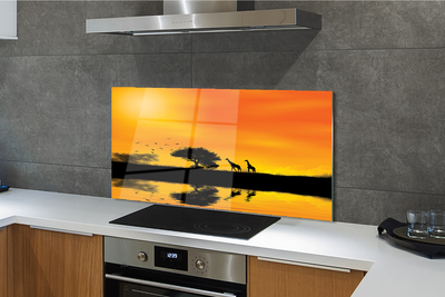 Painel de vidro Girafas pôr do sol árvore lago