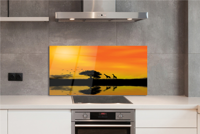 Painel de vidro Girafas pôr do sol árvore lago