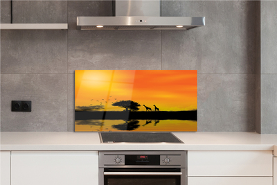 Painel de vidro Girafas pôr do sol árvore lago