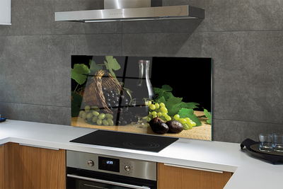Painel de vidro Cesta de folhas, uvas, vinho