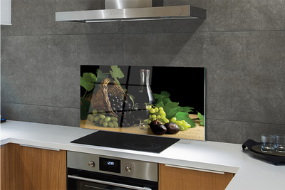 Painel de vidro Cesta de folhas, uvas, vinho