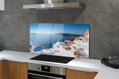 Painel de vidro Panorama dos edifícios do mar da Grécia