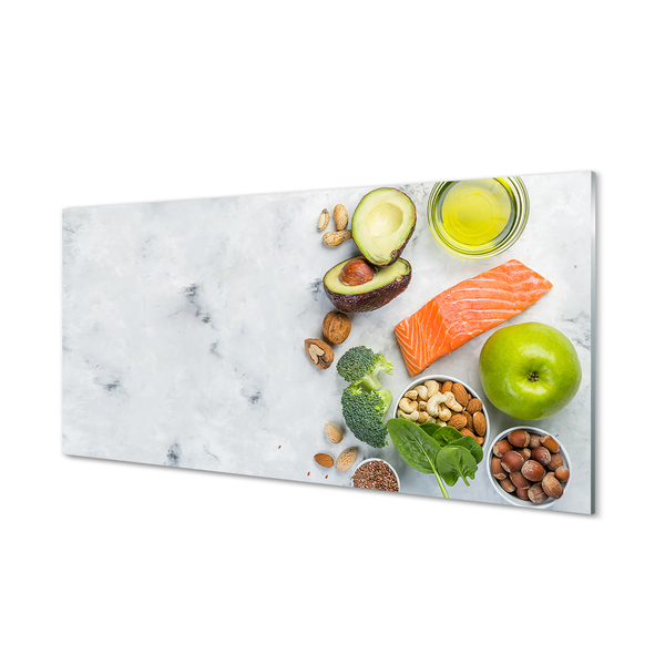 Painel de vidro Salmão, azeite, maçã, nozes