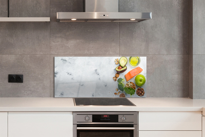 Painel de vidro Salmão, azeite, maçã, nozes