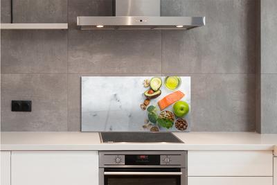 Painel de vidro Salmão, azeite, maçã, nozes