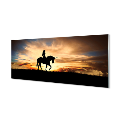 Painel de vidro Mulher em um pôr do sol de unicórnio