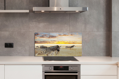 Painel de vidro Pôr do sol no campo de zebras