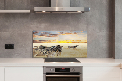 Painel de vidro Pôr do sol no campo de zebras