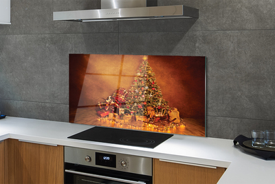 Painel de vidro Presentes de árvore de Natal, luzes e decorações