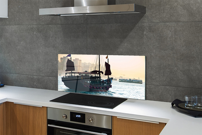 Painel de vidro Navio mar cidade céu