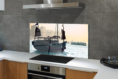Painel de vidro Navio mar cidade céu