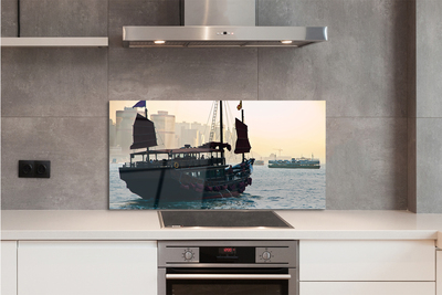Painel de vidro Navio mar cidade céu
