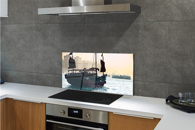 Painel de vidro Navio mar cidade céu