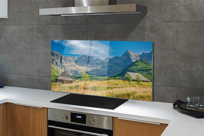 Painel de vidro Montanhas, campos, casas