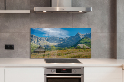 Painel de vidro Montanhas, campos, casas