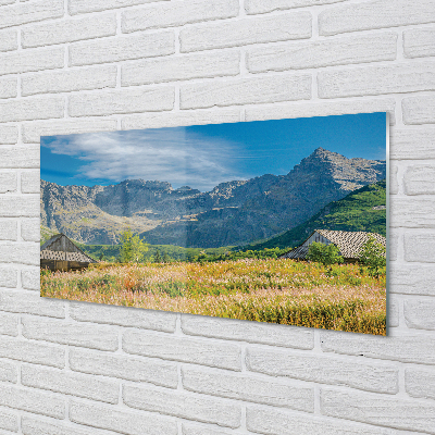 Painel de vidro Montanhas, campos, casas