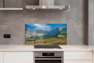 Painel de vidro Montanhas, campos, casas