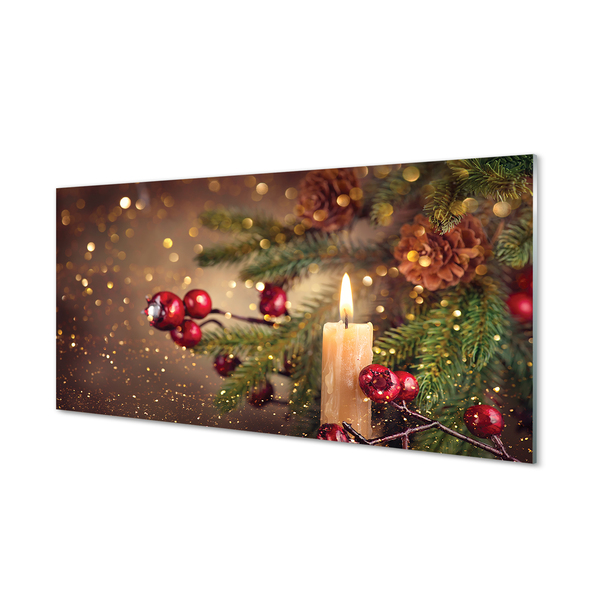 Painel de vidro Vela, galhos, enfeites, pinhas