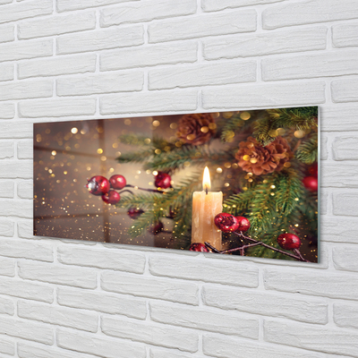 Painel de vidro Vela, galhos, enfeites, pinhas