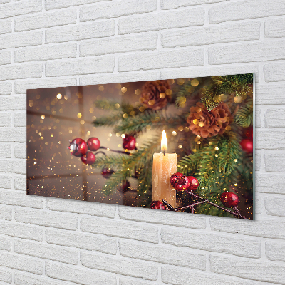 Painel de vidro Vela, galhos, enfeites, pinhas