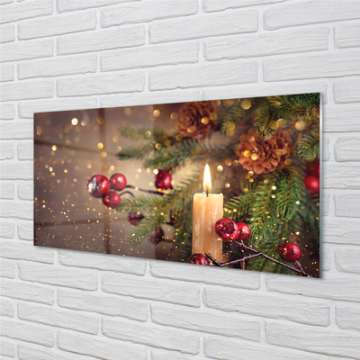 Painel de vidro Vela, galhos, enfeites, pinhas