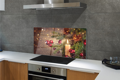 Painel de vidro Vela, galhos, enfeites, pinhas