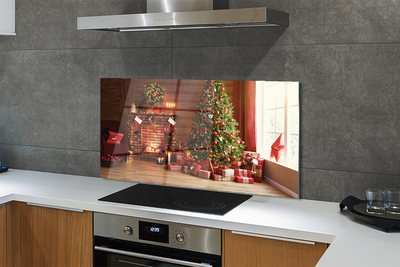 Painel de vidro Lareira, árvore de Natal, presentes, luzes