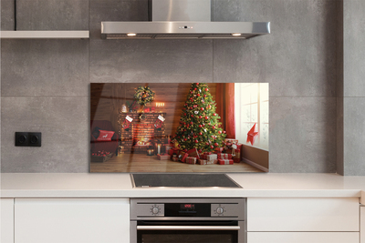 Painel de vidro Lareira, árvore de Natal, presentes, luzes