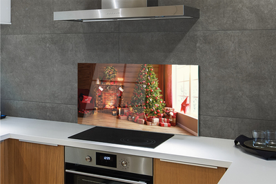 Painel de vidro Lareira, árvore de Natal, presentes, luzes