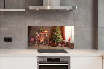 Painel de vidro Lareira, árvore de Natal, presentes, luzes