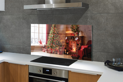 Painel de vidro Árvores de Natal, presentes, decorações, lareira
