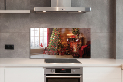 Painel de vidro Árvores de Natal, presentes, decorações, lareira