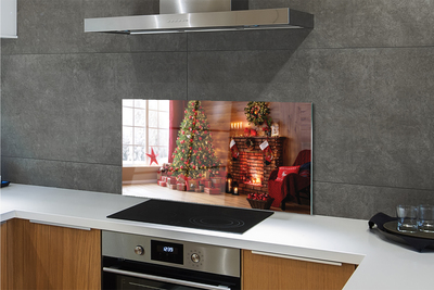 Painel de vidro Árvores de Natal, presentes, decorações, lareira